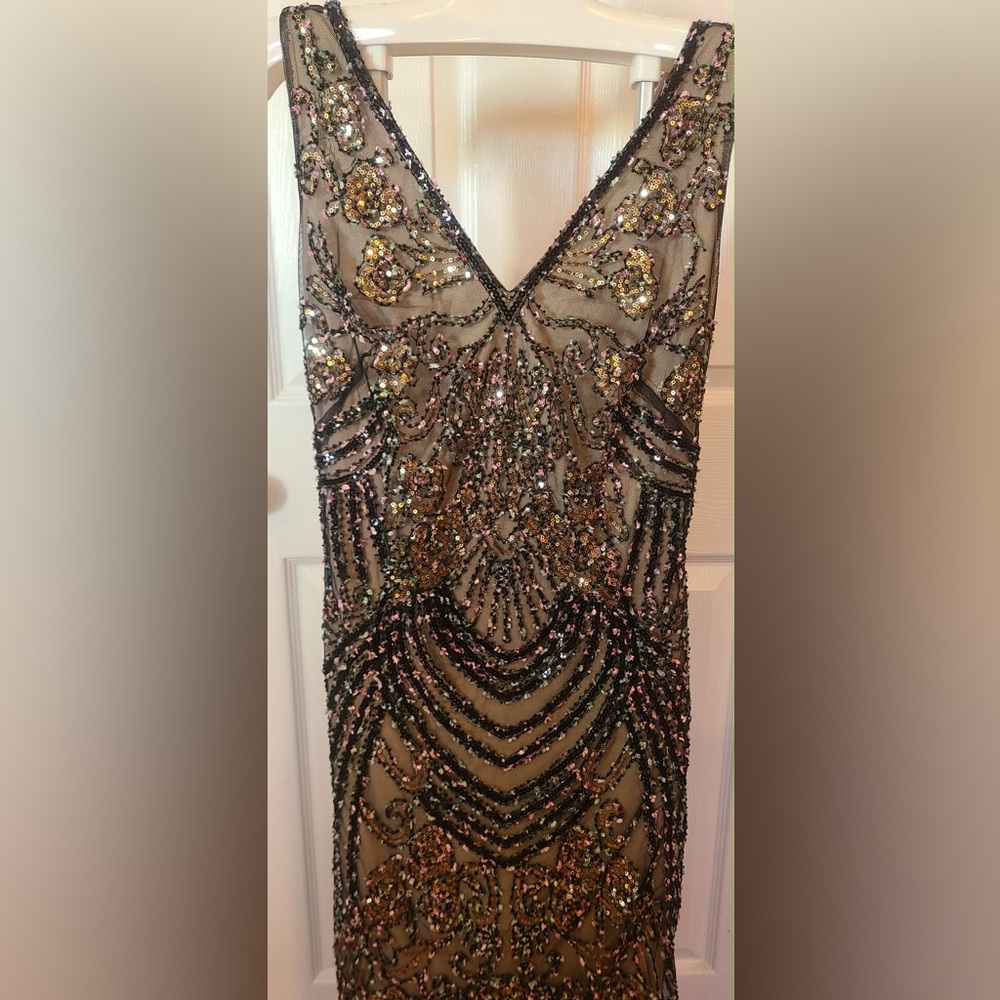 Embellished V-Neck Fringe Midi Dress in Black and Pink - Picture 4 of 16